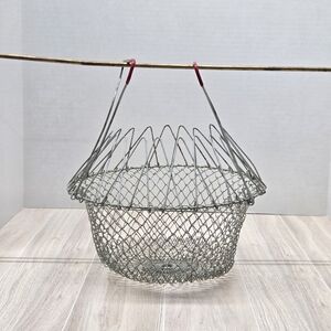 Vintage French Country Rustic Wire Mesh Egg Basket Collapsible w/ Red Handles